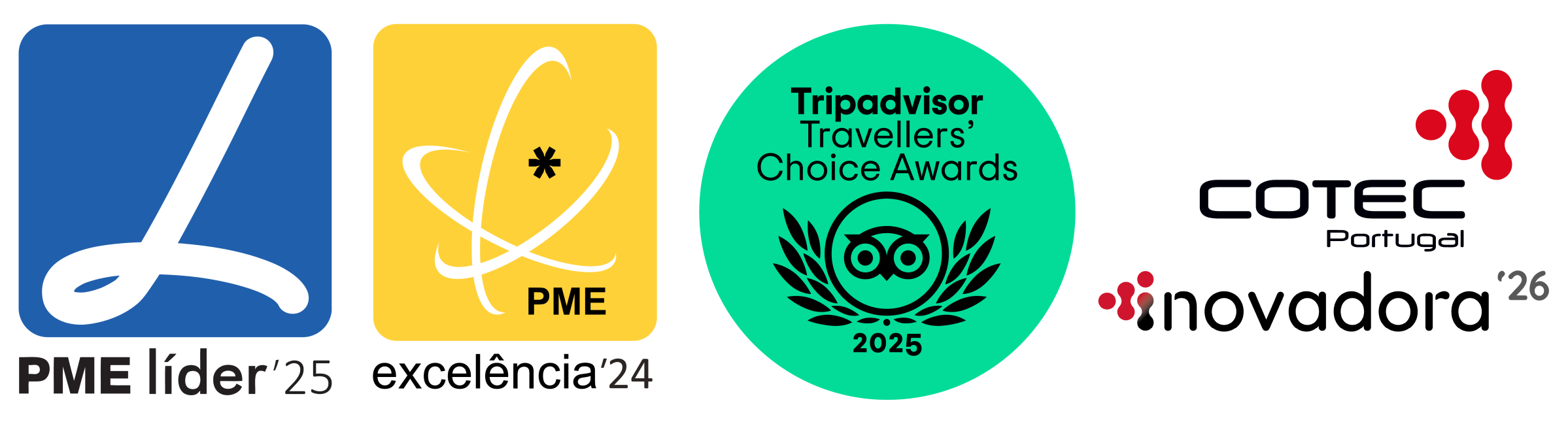 Five logos including PME awards, Tripadvisor, COTEC Portugal, and Novadora.